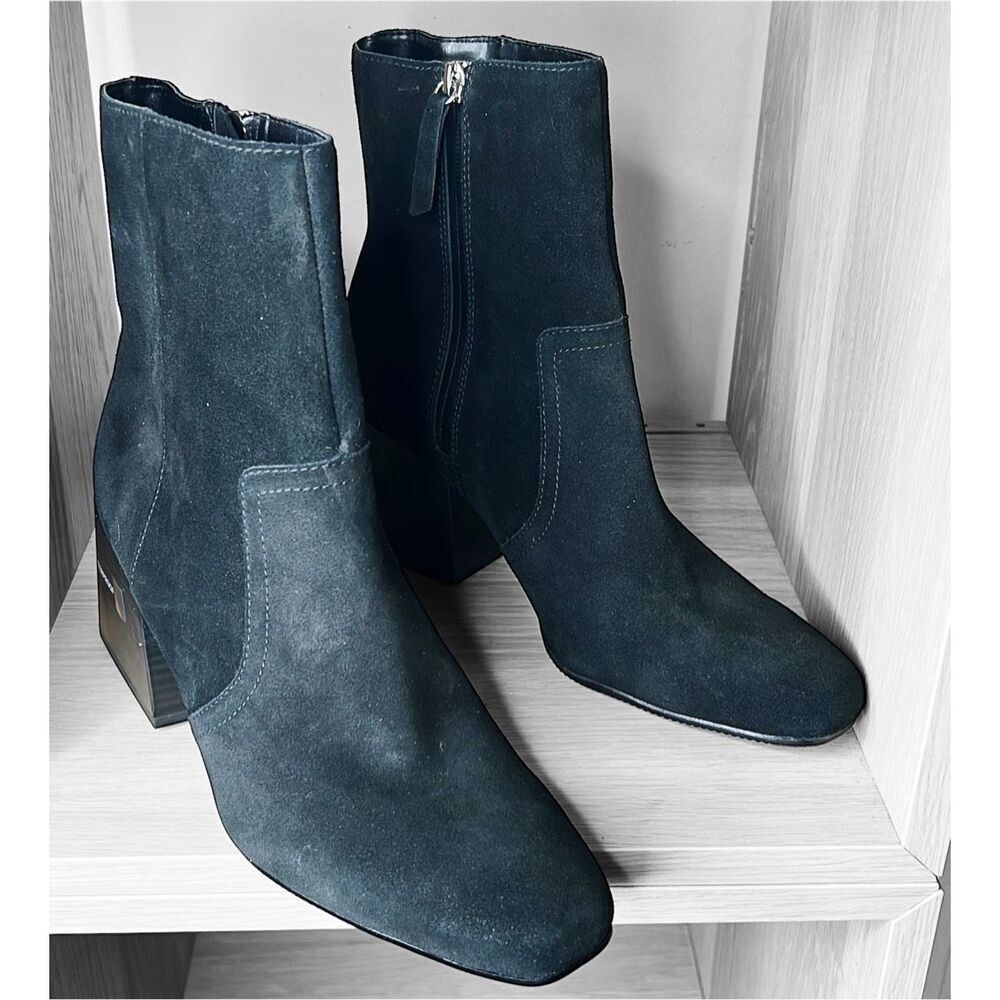 AQUA COLLEGE Womens Black Waterproof Tora Round Toe Block Heel Zip-Up Suede Heel